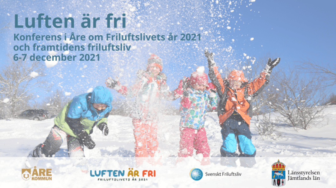 Fyra barn som leker i snön, med information angående en konferens